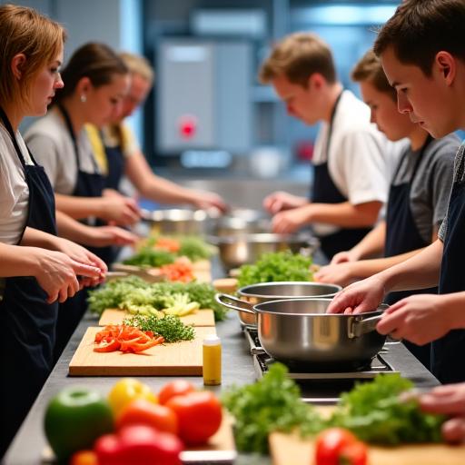 Hands-on cooking class with participants.