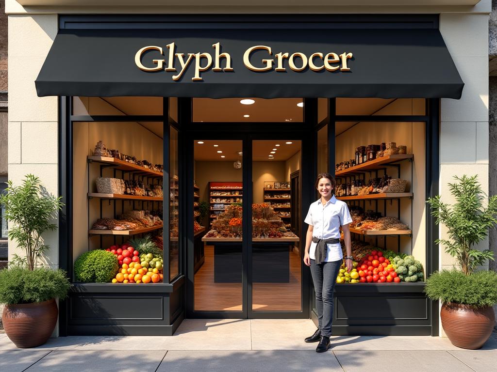 The inviting storefront of Glyph Grocer with a friendly staff member
