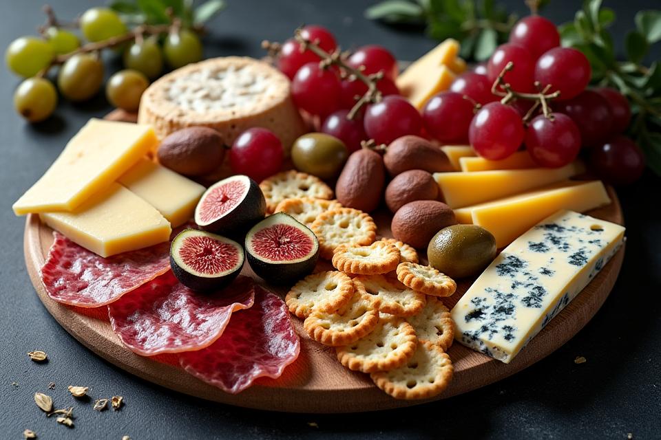 Exquisite cheese and charcuterie board with grapes