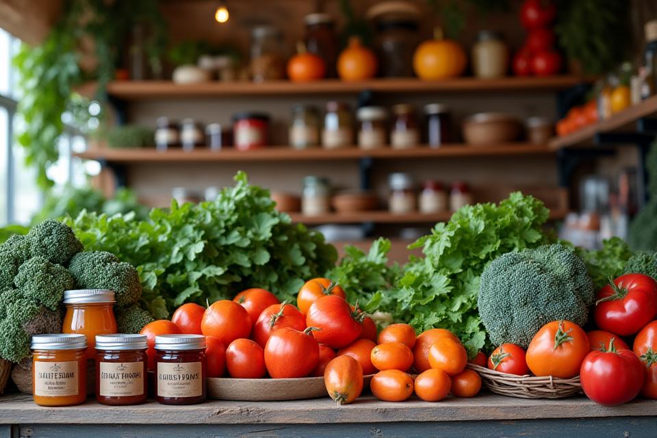 A farmer's market stall with various local produce and jars