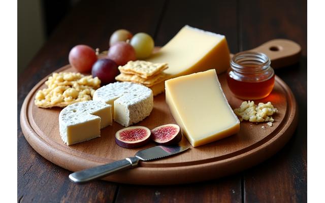 Assortment of fine cheeses on a wooden board with crackers