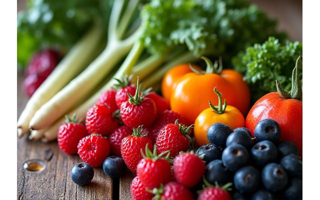 Seasonal array of fresh, vibrant fruits and vegetables