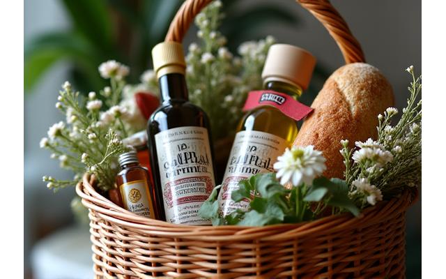 A basket filled with various local and gourmet products