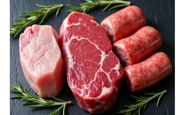 Selection of organic, free-range meats on a butcher's block