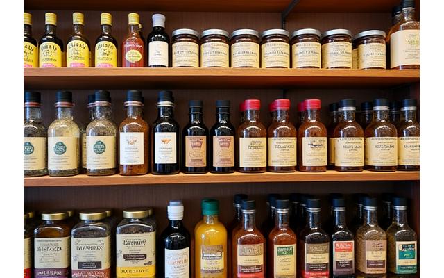 Shelves stocked with various gourmet pantry items like oils, spices, and jams