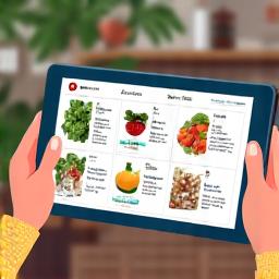 Illustration of a person browsing a selection of fresh produce on a tablet or laptop