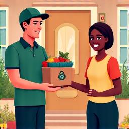 Illustration of a delivery driver handing over a grocery bag to a smiling customer at their home