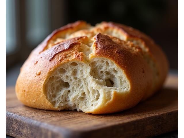 Warm, crusty, freshly baked sourdough bread on a wooden board
