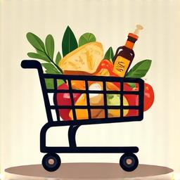 Illustration of a shopping cart with various gourmet groceries inside